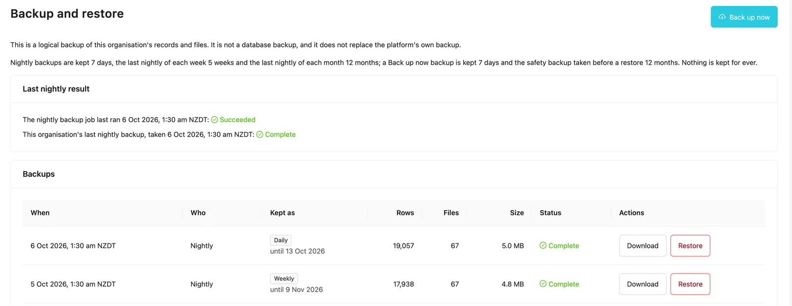 Backup and restore, showing nightly backups with download and restore